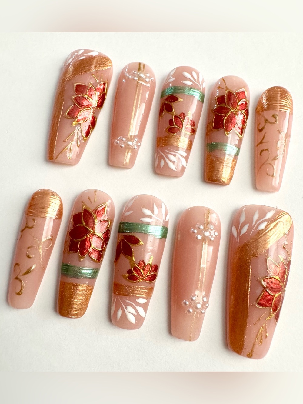 Hand-Painted Nude Pink Floral Press-On Nails